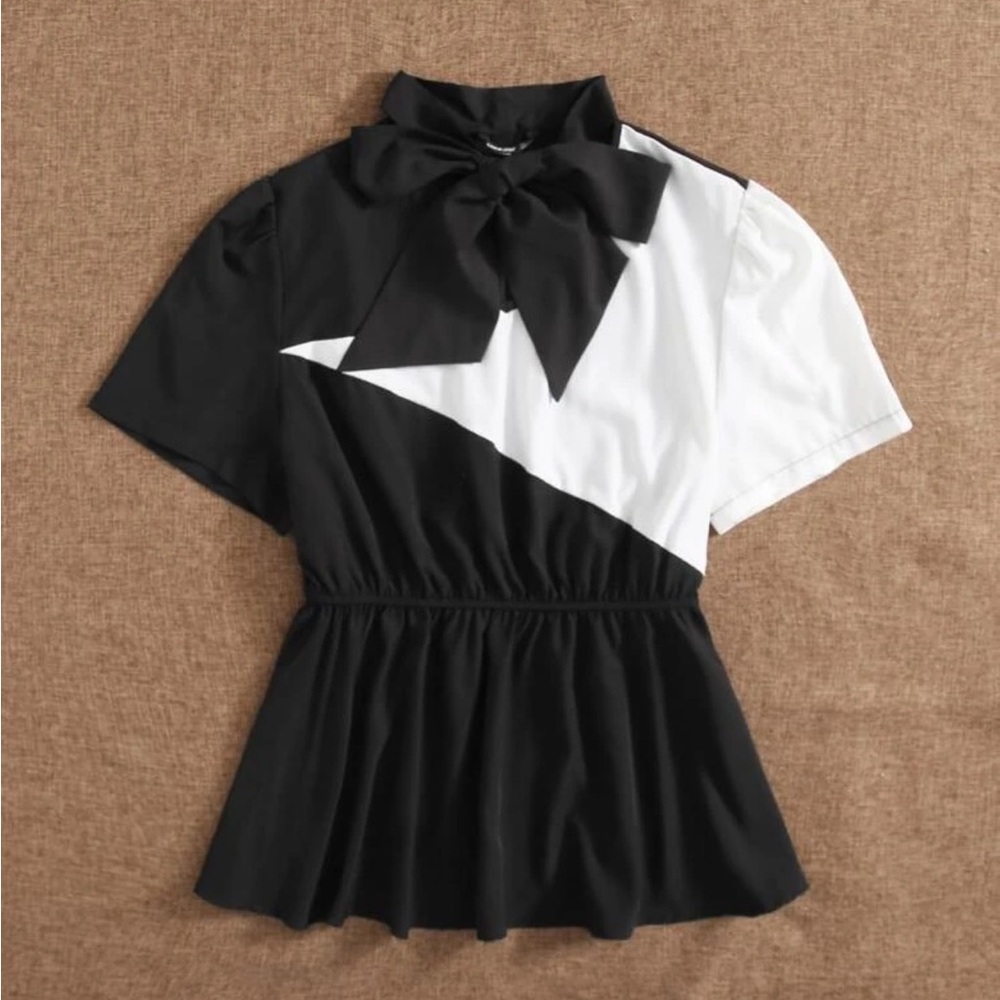 SHEIN Plus Contrast Panel Tie Neck Peplum Blouse
